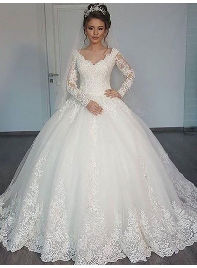 Long Sleeves Sweetheart 2024 Lace Long Train Ball Gown Wedding Dresses