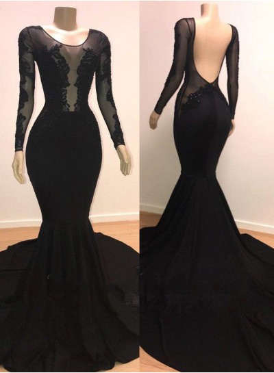 Black 2024 Scoop Long Sleeves Mermaid Appliques Long Prom dress