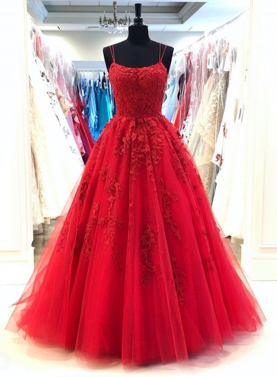 2024 A Line Red Scoop Tulle With Appliques Long Prom Dress
