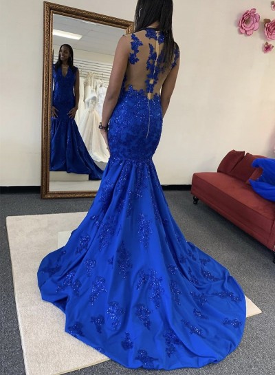 2024 Royal Blue Mermaid Long V Neck Prom Dress With Appliques
