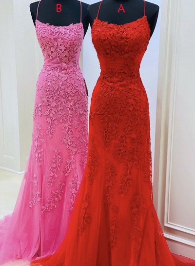 2024 Red Halter Backless Sheath Tulle With Appliques Long Prom Dress