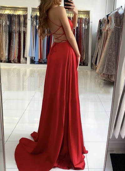 2024 A Line Red Sweetheart Side Slit Backless Long Prom Dress
