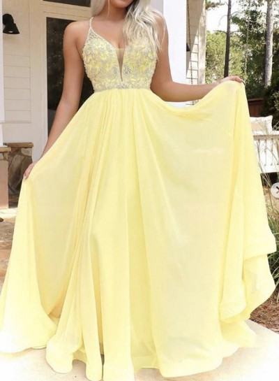 Halter Chiffon Sweetheart Beaded Backless Prom Dress Daffodil Long Prom Dress 2024