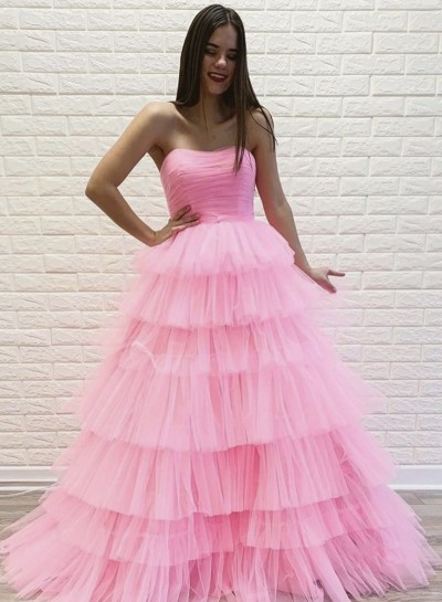 2024 A Line Layered Tulle Pink Strapless Long Prom Dress
