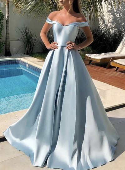 A Line Elastic Satin Light Sky Blue Off Shoulder Long Prom Dress 2024