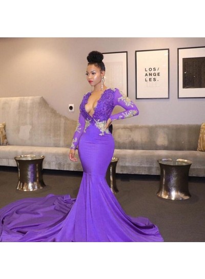 2024 Mermaid Purple Long Sleeves Open Front Long Prom Dress