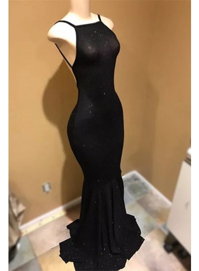 2024 Black Mermaid Backless Halter Long Prom Dress