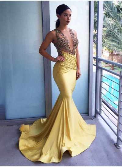 2024 Daffodil Satin Mermaid Ruffles Open Front Beaded Backless Long Prom Dress