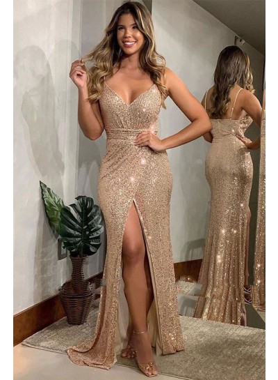 2024 Champagne Side Slit Sequence Sweetheart Long Prom Dress