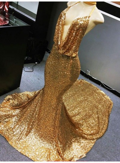 2024 Mermaid Gold Sequence Halter Deep V Neckline Long Backless Prom Dress