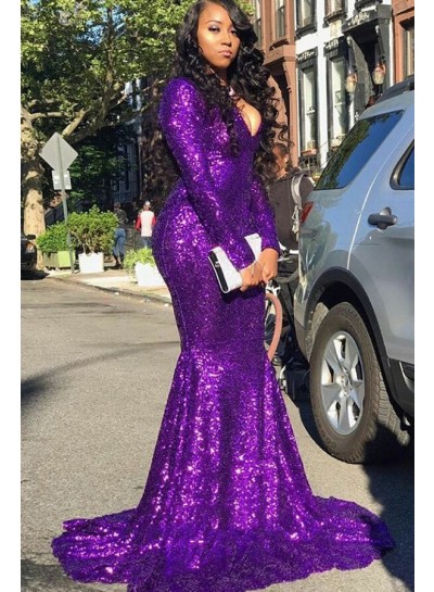 2024 Purple Sequence Long Sleeves Long Mermaid Prom Dress