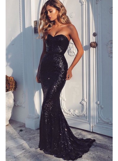 Black Mermaid Sweetheart Strapless Sequence Long Prom Dress 2024