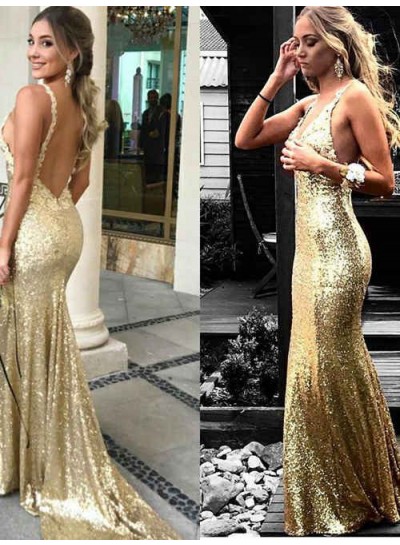 2024 Gold Sequence Sweetheart Halter Long Backless Prom Dress