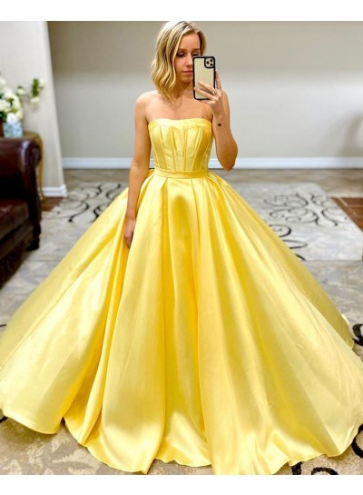A Line Strapless Satin Long 2024 Yellow Prom Dress