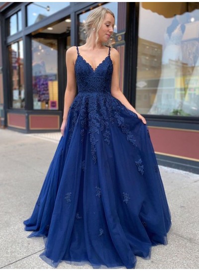2024 A Line Dark Navy Sweetheart With Appliques Lace Up Backless Prom Dress