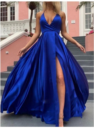 2024 A Line Royal Blue Halter Backless Long Side Slit Prom Dress