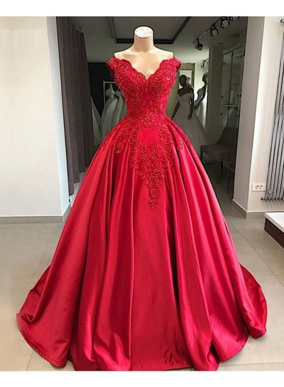 2024 Red Sweetheart Satin With Appliques Off Shoulder Ball Gown Prom Dress