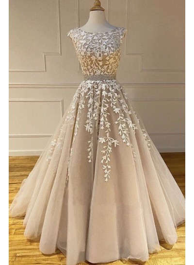 2024 A Line Champagne With White Appliques Long Scoop Prom Dress