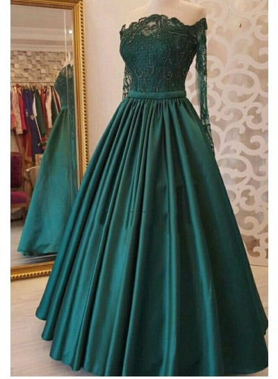 2025 A Line Dark Green Long Sleeves Off Shoulder Appliques Long Prom Dress