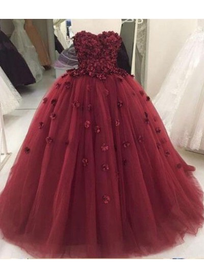 Strapless Tulle With Appliques Lace Up Back Burgundy Ball Gown Prom Dress 2024