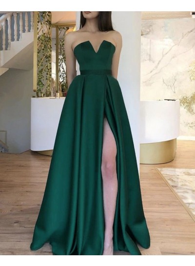 A Line Satin Dark Green V Neck Strapless Side Slit 2024 Long Prom Dress