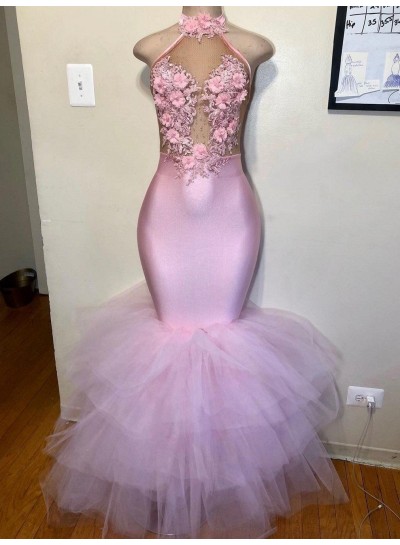 2024 Mermaid Tulle Halter Pink Floral Backless Long Prom Dress
