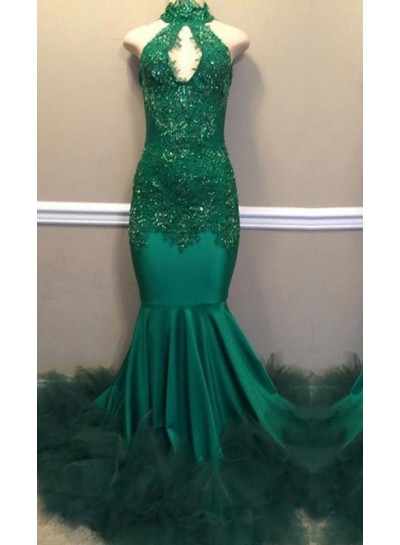 2024 Mermaid Emerald High Neck Feathers Stretchy Key Hole Long Prom Dresses
