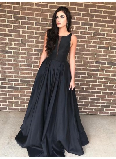 A Line Satin Black Long Scoop Prom Dresses 2024 