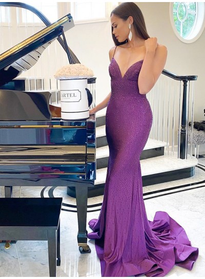 2024 Purple Sheath Sweetheart Spaghetti Straps Beaded Lace Up Long Prom Dresses