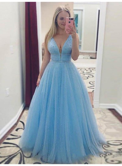 2024 A Line Blue Tulle Sweetheart Neck Long Prom Dresses With Pearls