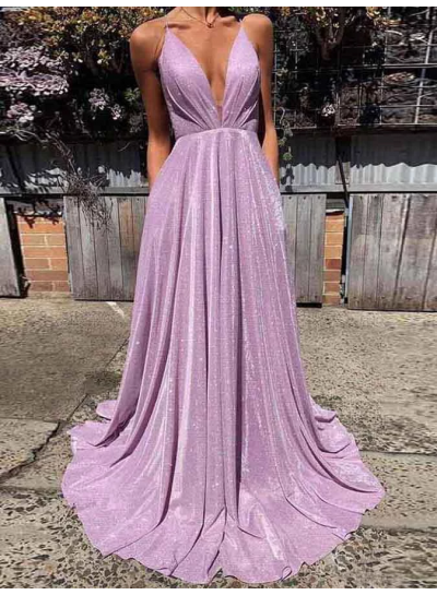 2024 A Line V Neck Lilac Shiny Backless Long Prom Dresses