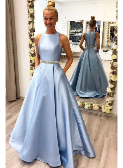 2024 A Line Satin Light Sky Blue Beaded Sash Floor Length Prom Dresses