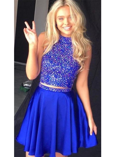 Royal Blue Two Pieces Beaded High Neck Knee Length Short Homecoming Dresses 2024
