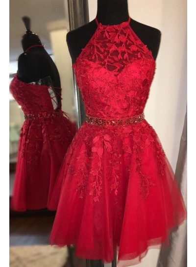2025 Red Halter Tulle With Appliques Beaded Knee Length Corset Short Homecoming Dresses
