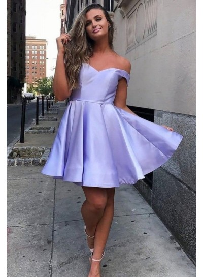 A Line Satin Lavender Off Shoulder Short 2024 Homecoming Dresses