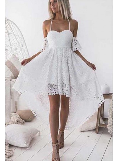 2024 A Line White Halter High Low Lace Short Homecoming Dresses