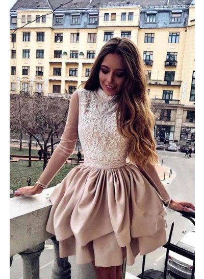 A Line Satin Layered Champagne High Neck Backless Long Sleeves Short Homecoming Dresses 2024