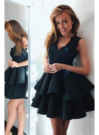 2024 A Line Black Knee Length Layered Lace Short Homecoming Dresses