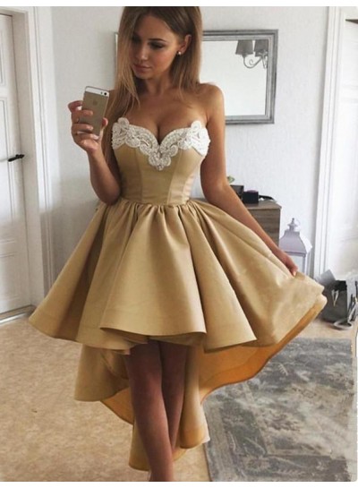 A Line Sweetheart Gold High Low Satin Short Homecoming Dresses 2024 