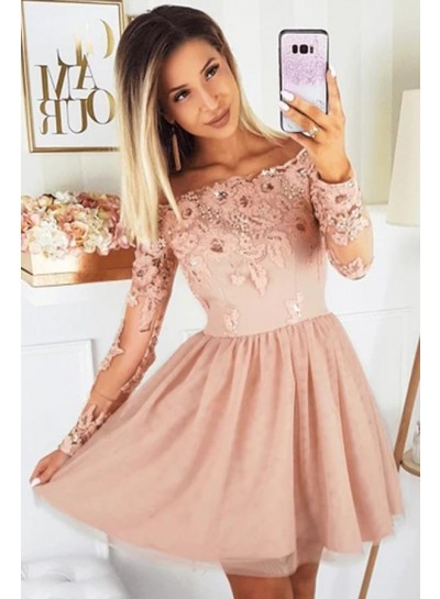 A Line Peach Long Sleeves Off Shoulder 2024 Short Homecoming Dresses 