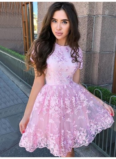 Pink 2024 Knee Length Lace Capped Sleeves Short Homecoming Dresses