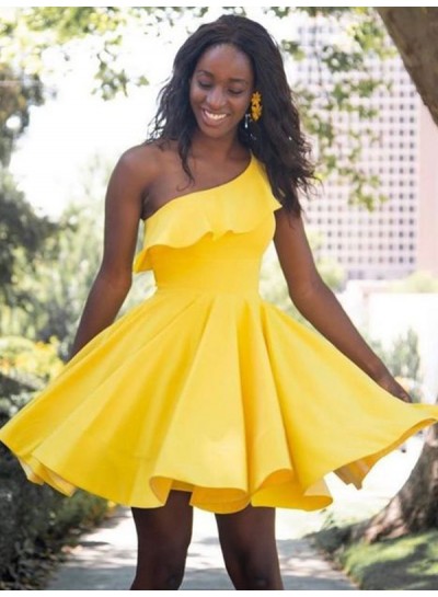A Line Yellow One Shoulder Elastic Satin Ruffles Short Homecoming Dresses 2024