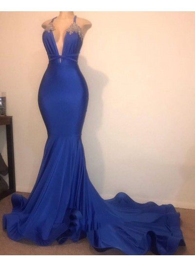 Mermaid V Neck Royal Blue 2024 Halter Bead Long Prom Dresses