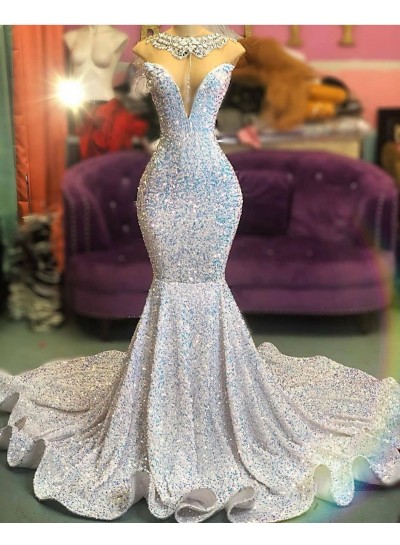 2024 Mermaid Sweetheart Sequins Rolled Train Long Prom Dresses