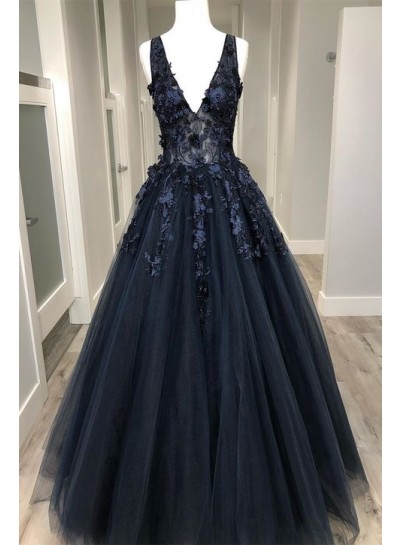 A Line Black V Neck Tulle With Appliques Long Prom Dresses 2024