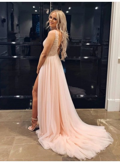 A Line Tulle Lace Side Slit 2024 Pale Pink Long Prom Dresses
