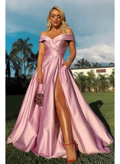 A Line Off Shoulder Side Slit Sweetheart Long Pink Prom Dresses 2024