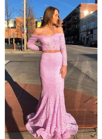 Pink Off Shoulder Lace Two Pieces Sheath Long Sleeves Prom Dresses 2024