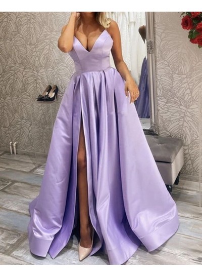A Line Satin Lavender Side Slit 2024 Long Prom Dresses