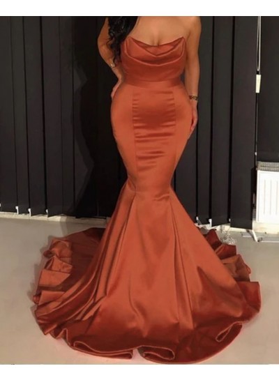 2024 Satin Sweetheart Mermaid Coral Long Strapless Prom Dresses